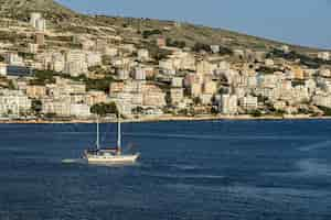 Free photo sarande harbor in the early evening