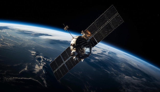 Foto gratuita un satellite in orbita con il pianeta terra sullo sfondo