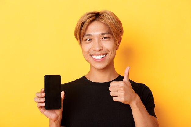 Satisfied handsomea young asian guy with fair hair, showing thumbs-up in approval and smartphone screen, standing over yellow wall