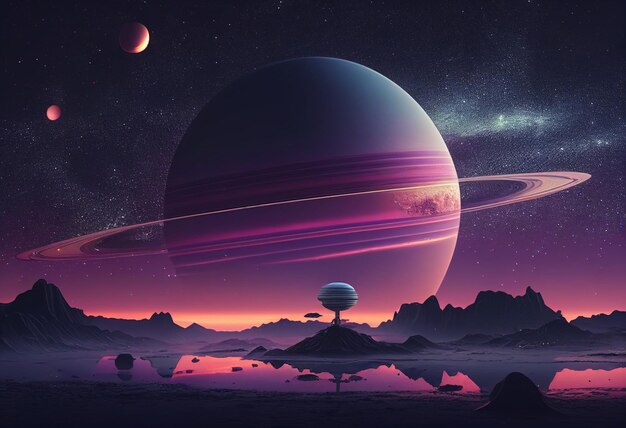 Saturn in sky at night background asset game 2D futuristic generative ai