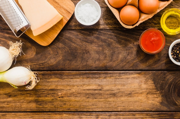 Sauce and cooking ingredients of wooden tabletop