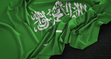 Bandiera arabia saudita ruggita su sfondo scuro 3d rendering