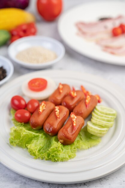 Sausage placed on a white plate.