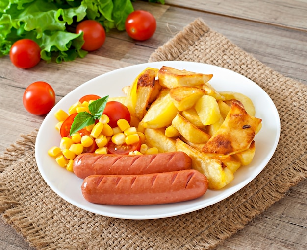 Sausage with fried potatoes and vegetables  on a plate