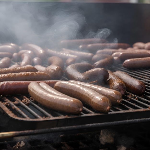 Free photo sausages being grilled on a barbecue grill with smoke in the background