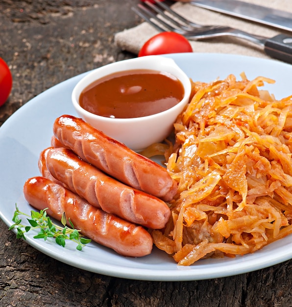 Sausages and fried cabbage