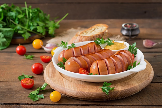 Sausages on the grill pan on the wooden table