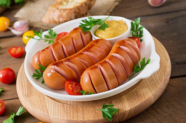 Sausages on the grill pan on the wooden table