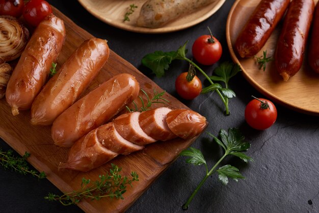 sausages and ingredients for cooking. Grilled sausage with the addition of herbs and and spices