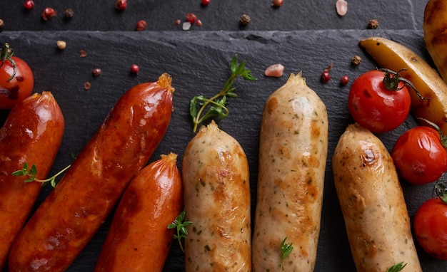 sausages and ingredients for cooking. Grilled sausage with the addition of herbs and and spices