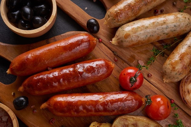 sausages and ingredients for cooking. Grilled sausage with the addition of herbs and and spices