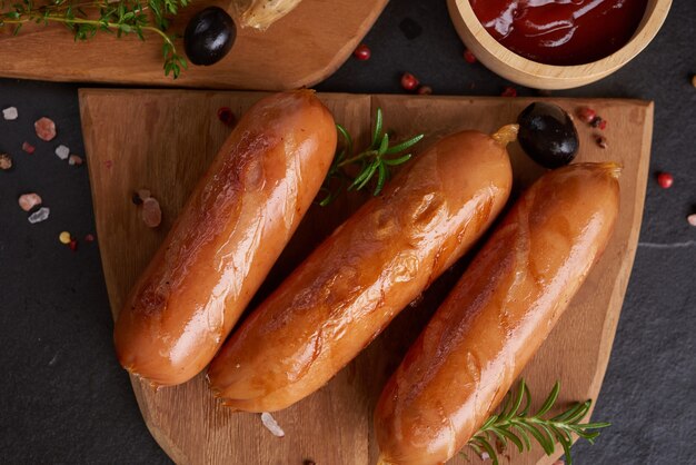 sausages and ingredients for cooking. Grilled sausage with the addition of herbs and and spices