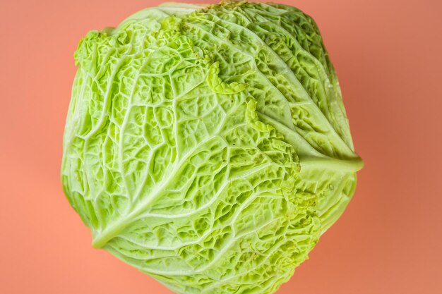 Savoy cabbage superfoods close up on bright coral background, selective focus