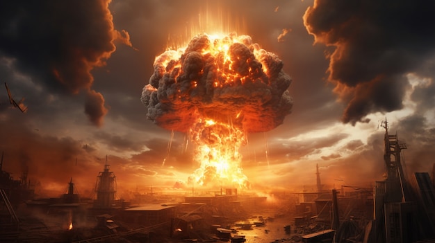 Страшный апокалиптический взрыв ядерной бомбы с грибом