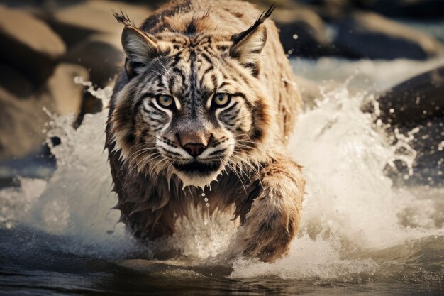 Scary bobcat in water