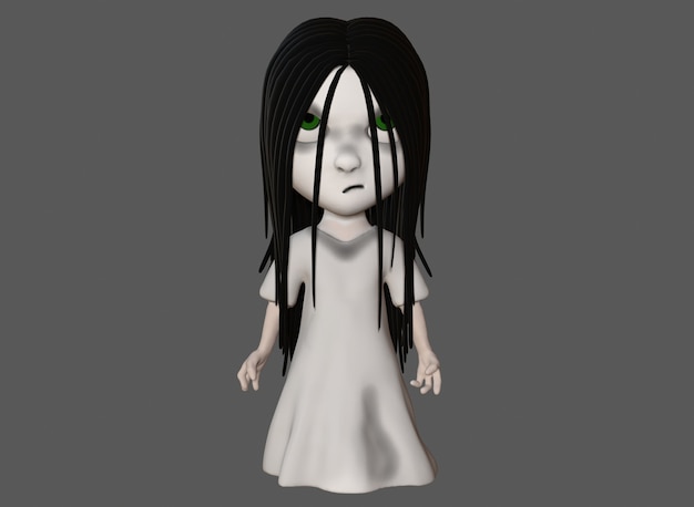 Страшный мультяшный персонаж ужас девушка с черными волосами 3d-рендеринга.
