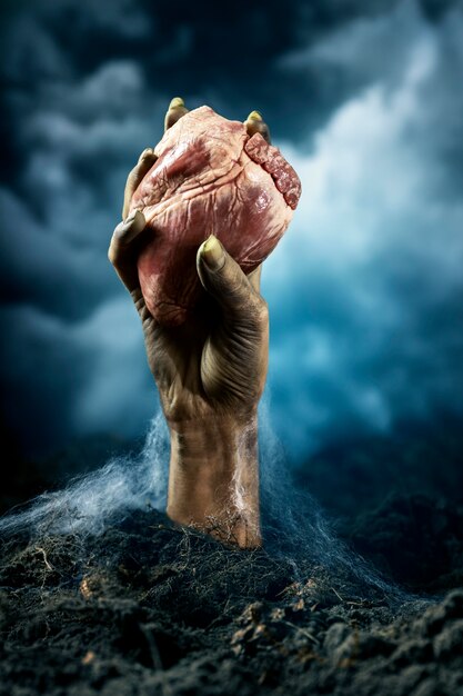 Страшная женская рука зомби, держащая сердце