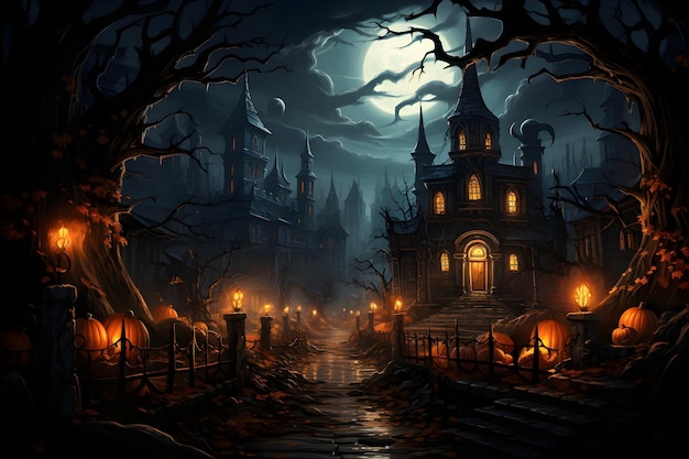 Бесплатное фото Страшная иллюстрация особняка хэллоуина