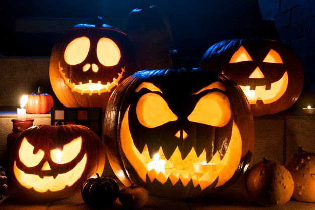 Scary halloween pumpkins on stairs arrangement