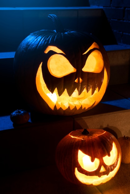 Scary halloween pumpkins on stairs