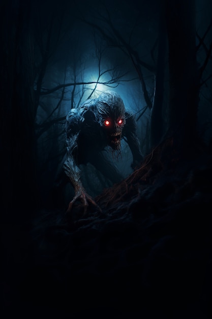 밤에 안개가 자욱한 숲의 무서운 괴물