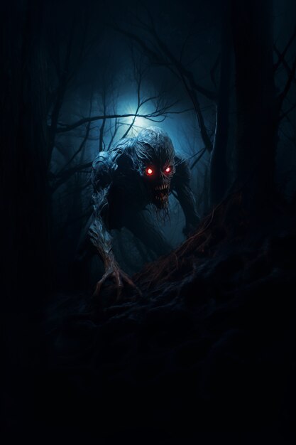 Scary monster in foggy forest at night