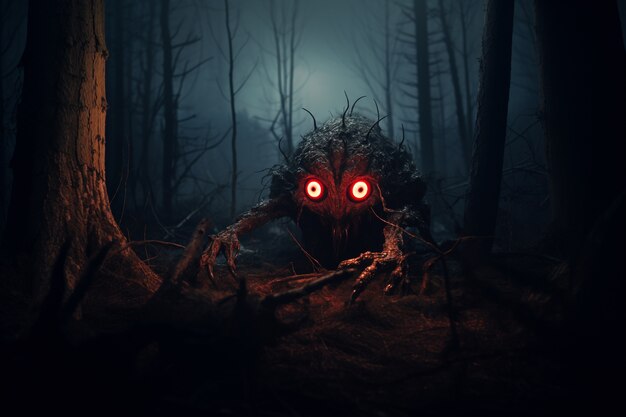 Scary monster in foggy forest at night