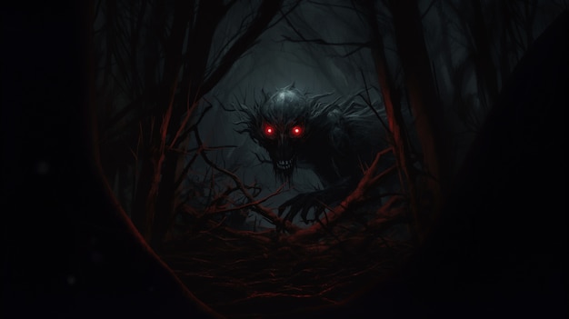 Free photo scary monster in foggy forest at night