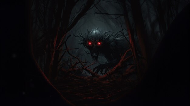 밤에 안개가 자욱한 숲의 무서운 괴물