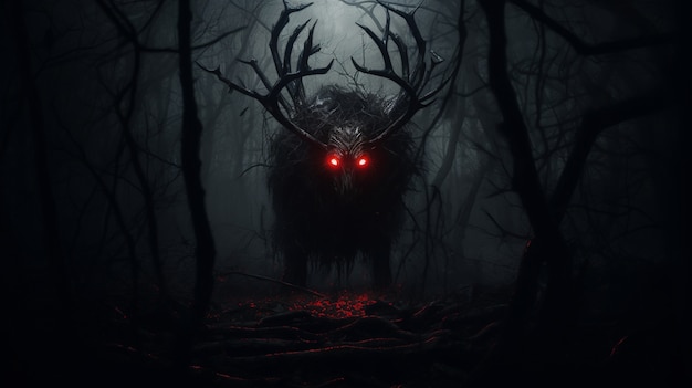 Scary monster in foggy forest at night