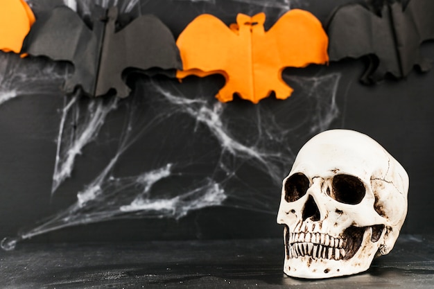 Scary skull with handicraft web and paper bats