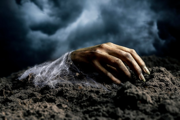 Бесплатное фото Страшная рука зомби с земли ночью