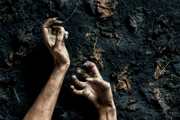 Scary zombie hands on the ground