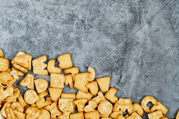 Scattered alphabet crackers.