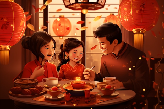 中国の新年祭りのアニメスタイルのシーン