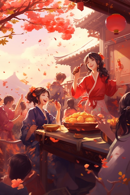 Free photo scene in anime style for chinese new year festival celebration