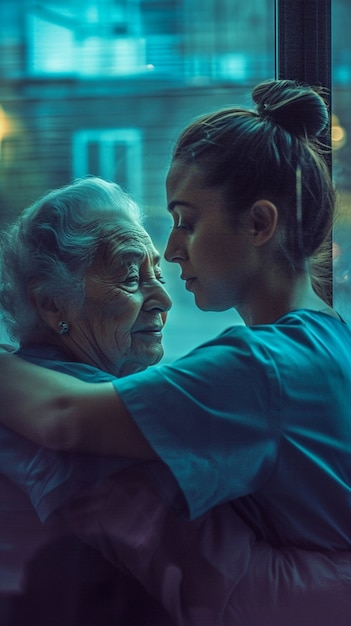 Foto gratuita scena di un lavoro di cura con un paziente anziano che viene curato