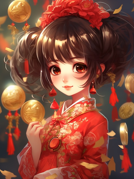 Бесплатное фото Сцена в стиле аниме для празднования китайского нового года