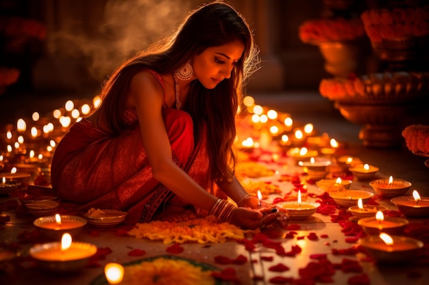 디왈리를 축하하는 촛불 옆에 무릎을 꿇고 있는 인도 여성의 장면 사진