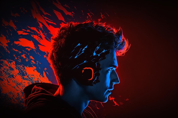 Scene of professional eSports gamer in profile colored with red and blue light generative ai