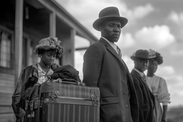 Scene with african-american people moving in the rural area in the old times