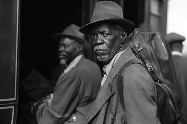 Foto gratuita scena con persone afroamericane che si muovono nella zona rurale nei vecchi tempi