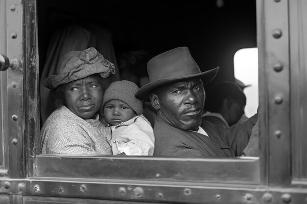 Сцена с афроамериканцами, перемещающимися в сельской местности в старые времена