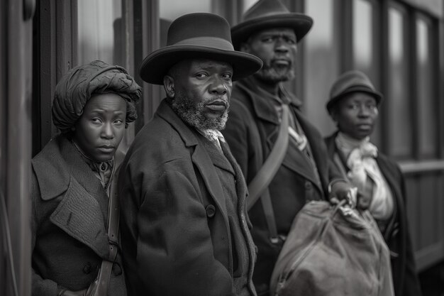 Scene with african-american people moving in the rural area in the old times