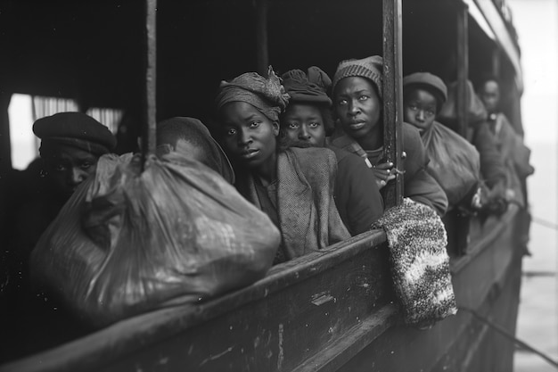 Foto gratuita scena con persone afroamericane che si muovono nella zona rurale nei vecchi tempi