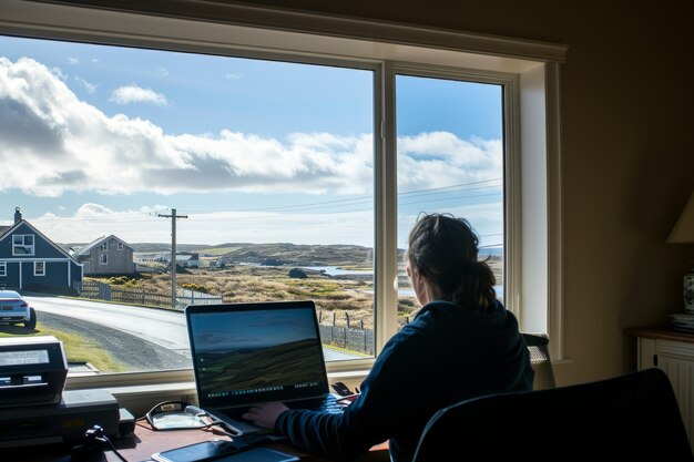 Scene with diverse young people being digital nomads and working remotely from dreamy locations