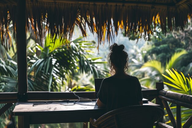 Scene with diverse young people being digital nomads and working remotely from dreamy locations