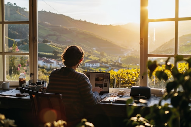 Scene with diverse young people being digital nomads and working remotely from dreamy locations