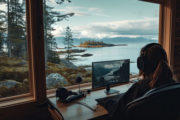 Foto gratuita scena con giovani diversi che sono nomadi digitali e lavorano a distanza da luoghi da sogno