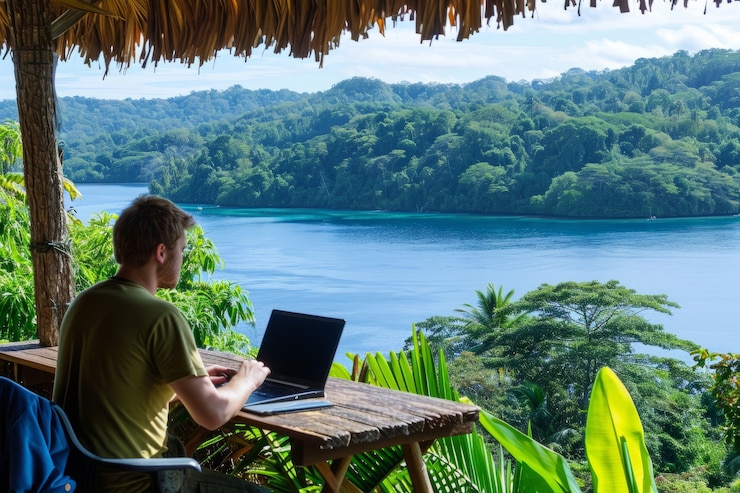 Free Photo scene with diverse young people being digital nomads and working remotely from dreamy locations